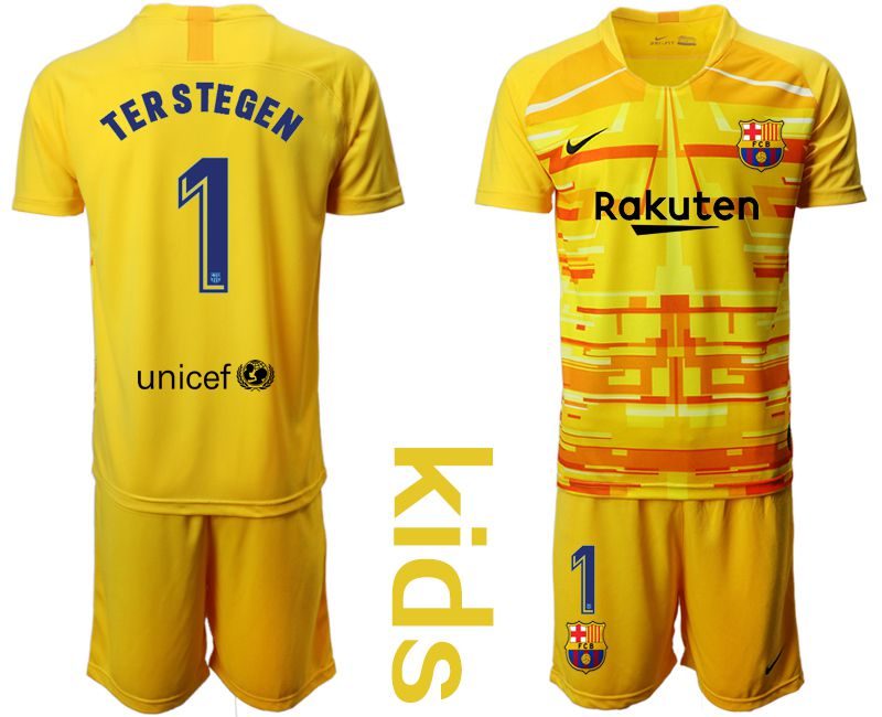 Youth 2019-2020 club Barcelona yellow goalkeeper #1 Soccer Jerseys